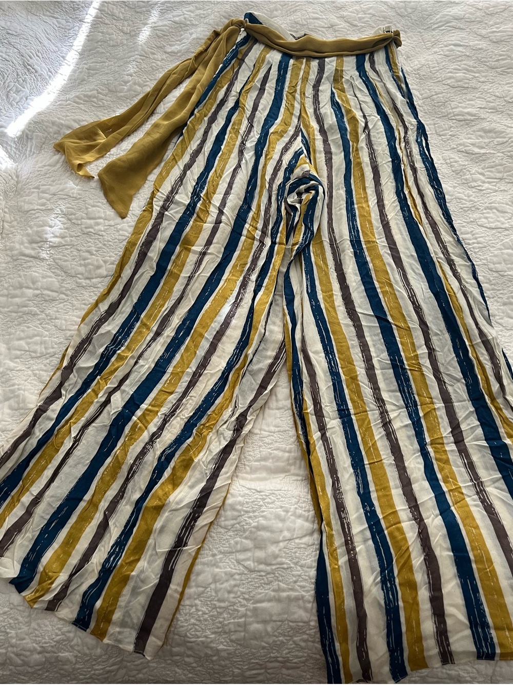 Alythea Striped Wide-Leg Tie-Waist Pants in Mustard, Teal & White